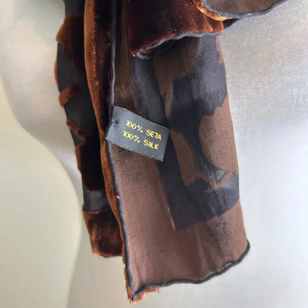 Silk Velvet Burnout Scarf Brown Leaf Floral Wrap Sheer Luxury Shawl Elegant